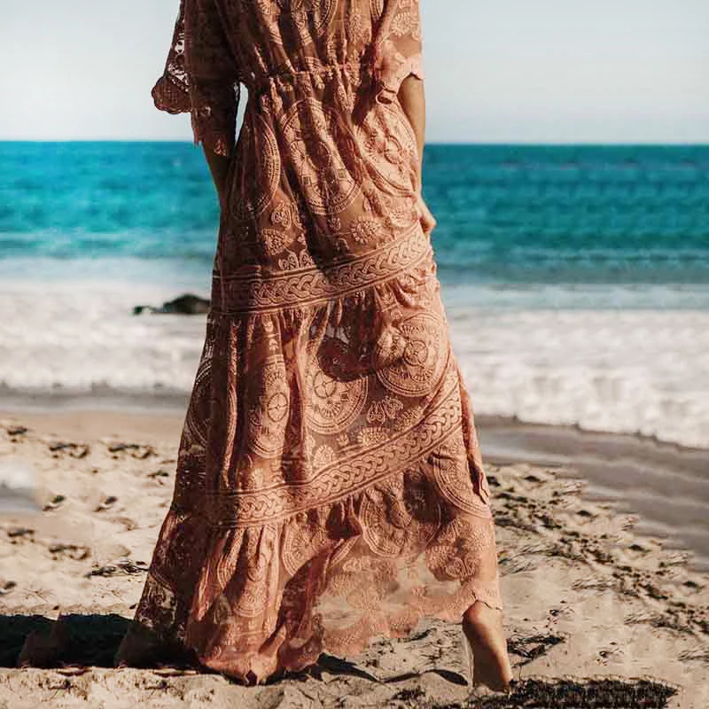 Сексуальное вязаное крючком кружевное пляжное платье с запахом для женщин, кафтан для девушек, розовая Кружевная туника, Пляжное пляжное саронг, балахон длинное платье