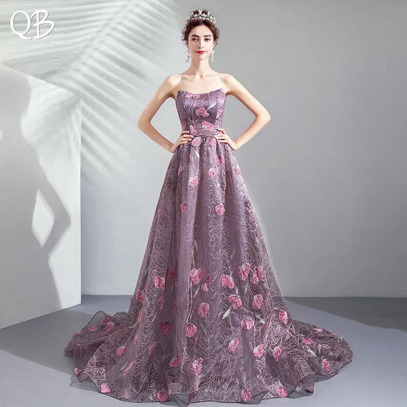 

Vintage Purple A-line Tulle Lace Flowers Elegant Evening Dresses 2019 New Fashion Long Formal Evening Gowns XH421