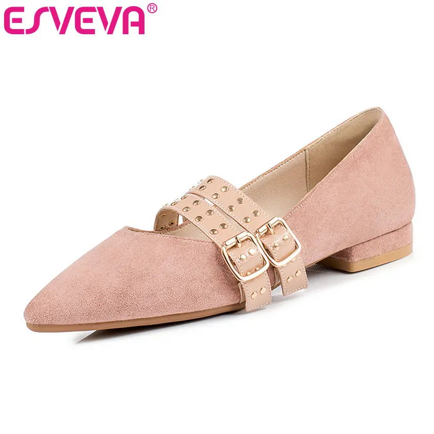 

ESVEVA 2019 Woman Flats Slip on Square Low Heel Flock Pointed Toe Buckle Shallow Basic Single Shoes Spring Shoes Size 34-43