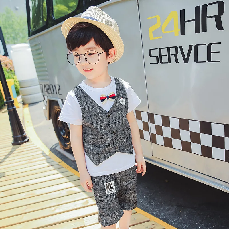 2018 Summer Baby Boys Summer Sets Kids Clothes Grid Tshirts+pants Suit