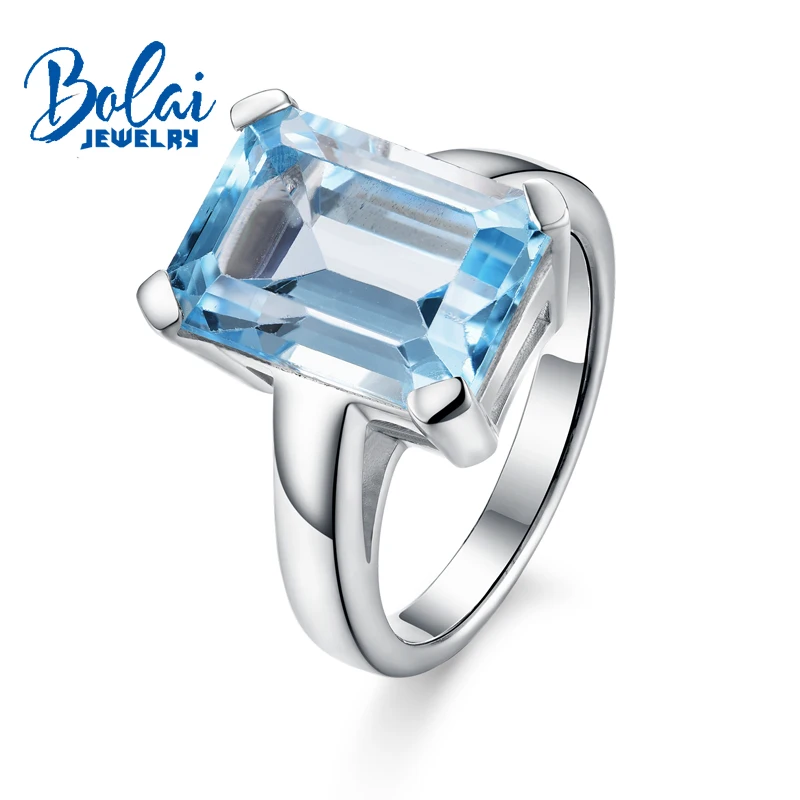 

Bolaijewelry,big stone solitaire real gemstone ring with natural sky blue topaz fine jewelry 925 sterling silver for women gift