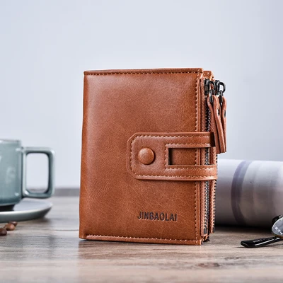 JINBAOLA, мужской кошелек, брендовый кошелек, двойная молния и застежка, дизайнерский маленький кошелек, мужской, высокое качество, Короткий держатель для карт, кошелек для монет, Carteira - Цвет: Brown