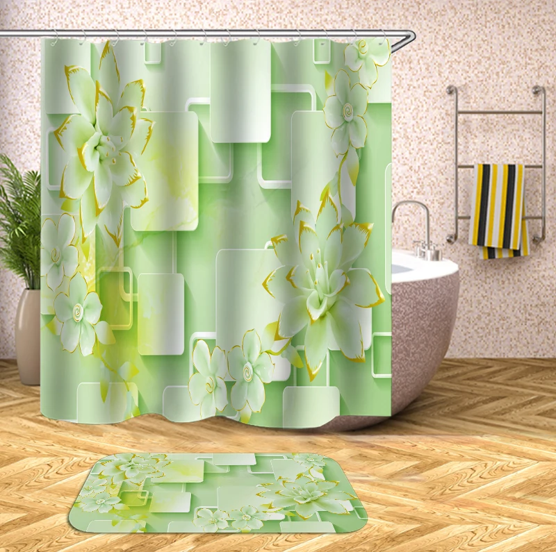 

3D Light Green Flowers Window grille bath curtains waterproof polyester fabric washable bathroom shower curtain screen decor