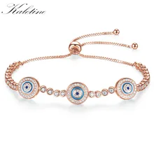 Kaletine Роскошные сглаза счастливые браслеты с амулетом Хамса для женщин 925 пробы серебряный круглый синий CZ Теннисный браслет розовое золото ювелирные изделия для мужчин