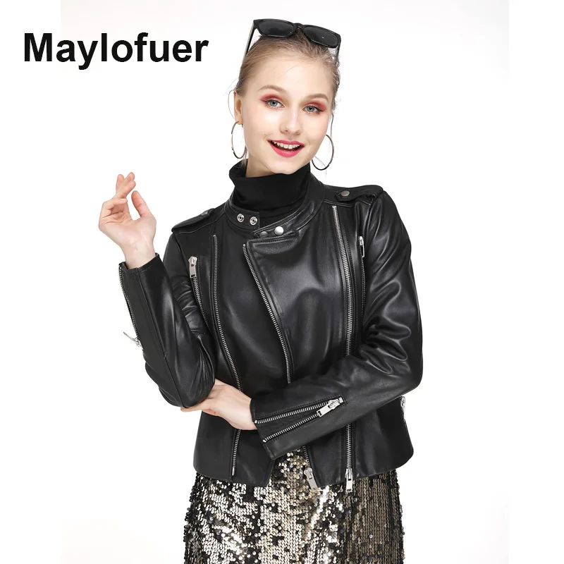 Maylofuer Genuine Leather Jacket Sheepskin Women Slim Short Jacket