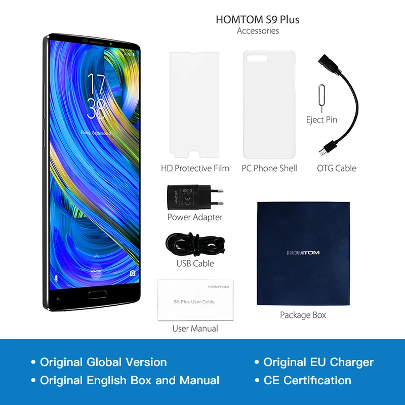 HOMTOM S9 Plus 18:9 HD+ 5.99" Tri-bezelless Full Display Cell phone MTK6750T Octa Core 4G RAM 64G ROM Dual Back Cam Smartphone