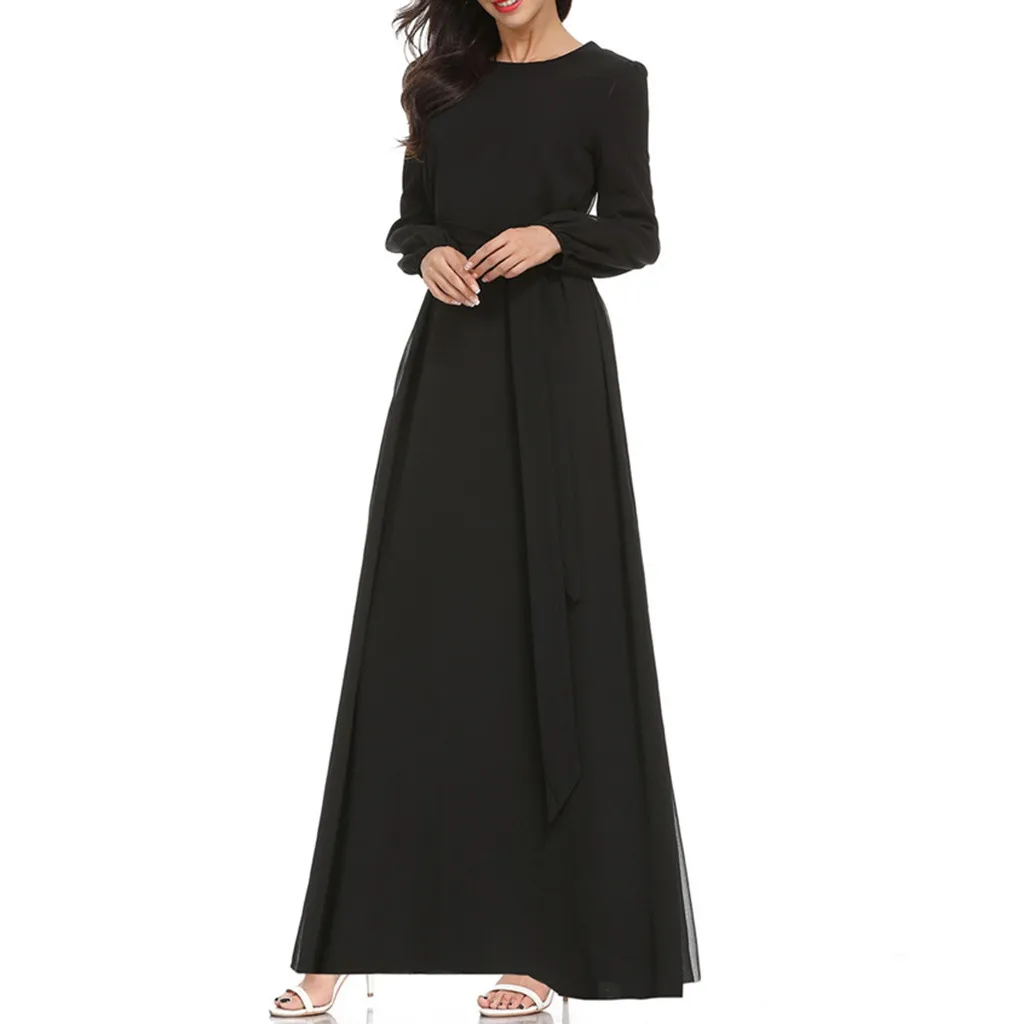 Популярное женское мусульманское повседневное Макси платье с О-образным вырезом, рукав-труба, длинное платье, туника с поясом, мусульманское женское платье, новое поступление