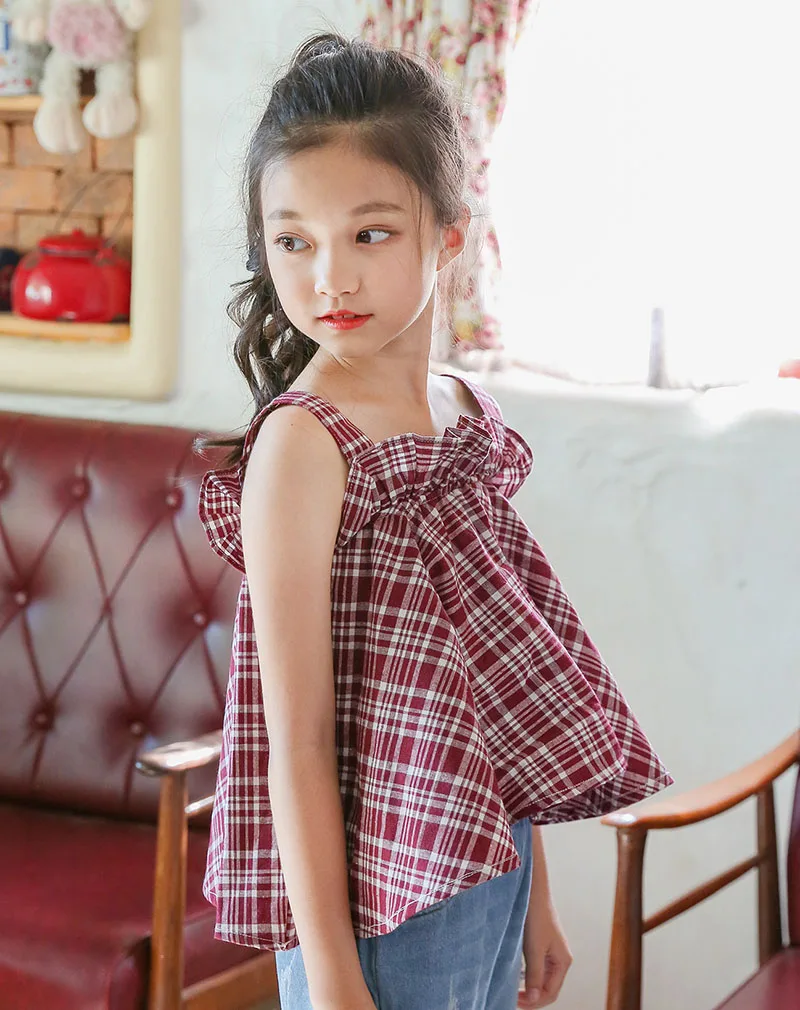 teenage girls blouses shirt clothing kids clothes children summer 2018 plaid cotton baby teens girl school sleeveless tops vest  4 5 6 7 8 9 10 11 12 13 14 15 16 Years little teenage girls kids clothing lolita blouse (3)