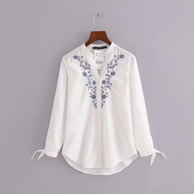 VOGUEIN Новая Женская Полосатая Рубашка с цветочным принтом и вышивкой 3/4 рукав блузка Топы - Цвет: Белый