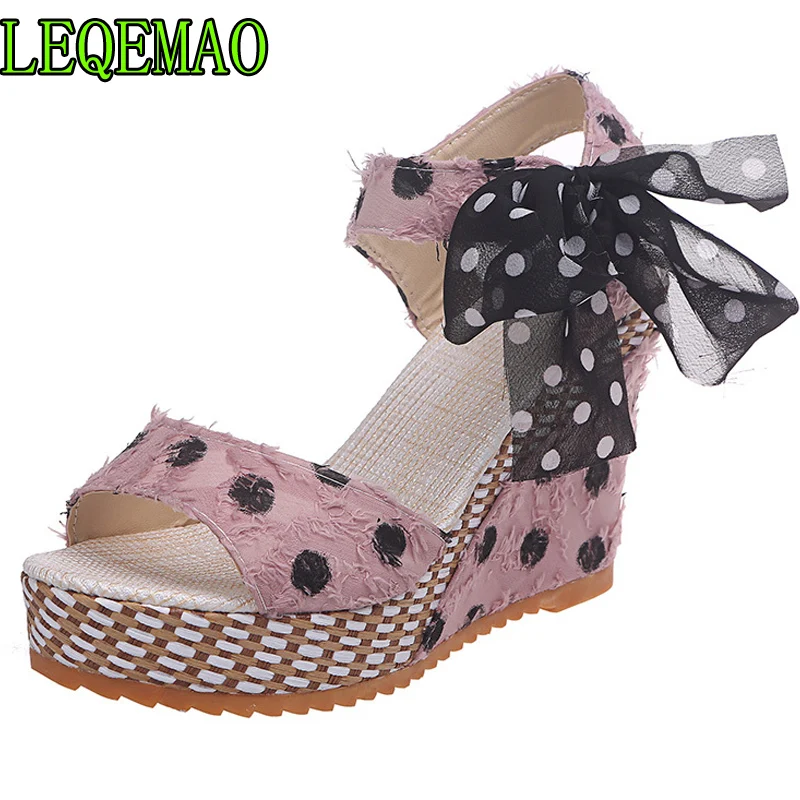 

Women's Sweet Polka Dot High Heel 10cm Wedge Summer Shoes Woman Ankle Strap Open Toe Platform Sandals