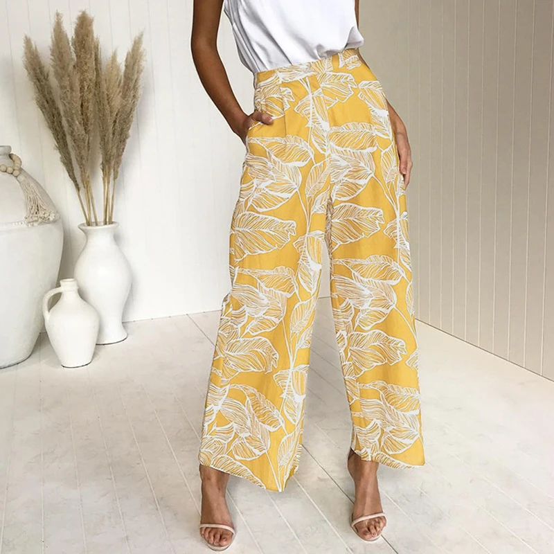 

Melegant Summer Boho Female Pants Casual Elegant High Waist Wide Leg Casual Trousers Women Vintage Print Boho Pants Holiday