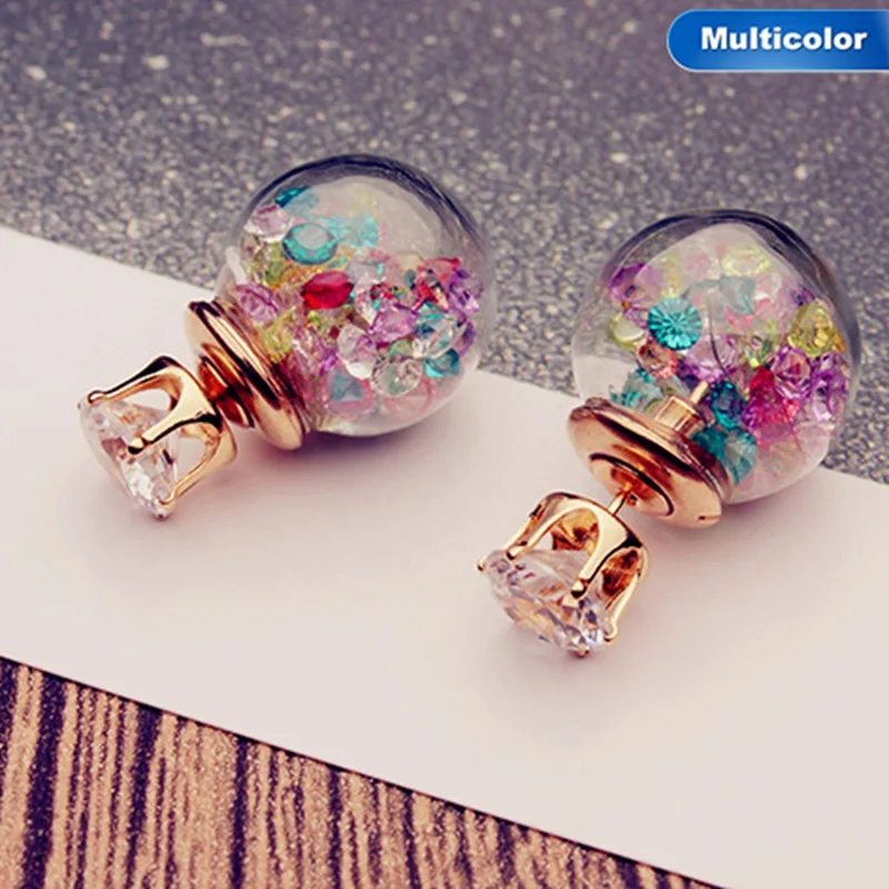

Korean Cute Crystal Ball Small Doubled Side Earings Fashion Glass Pearl Stud Earrings For Women Jewelry Brinco Boucle D'oreille
