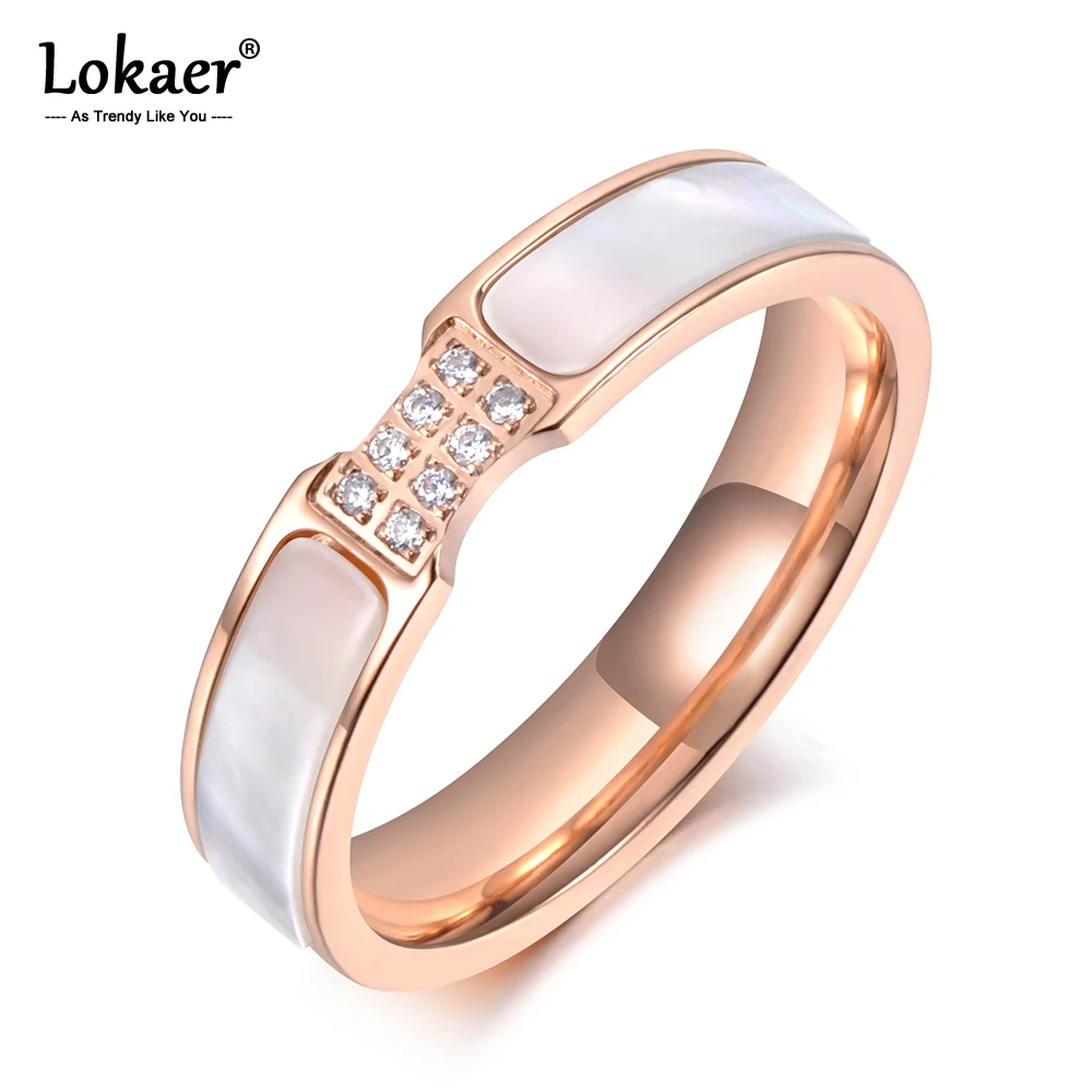 

Lokaer Trendy Design Rose Gold Color CZ Crystal Rhinestone Titanium Steel Shell Wedding Rings For Women Engagement Gifts R19062