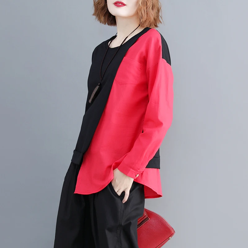 2018 Autumn Women Basic Long Sleeve T Shirt Female Tees Plus Size Literary Loose Irregular Patchwork Hit Color O-neck Tops | Женская