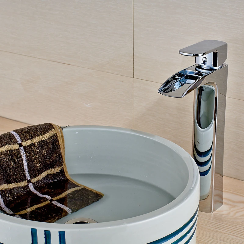 

Tall Waterfall Chrome Finish Deck Mounted Bathroom Sink Faucet Mixer Single Hole