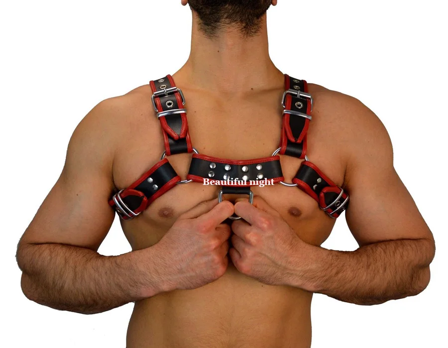 Comprar Lencería de hombre cuero vestuario efecto mojado Clubwear, correa de arnés de cuero rojo y negro, BDSM Bondage Accesorios