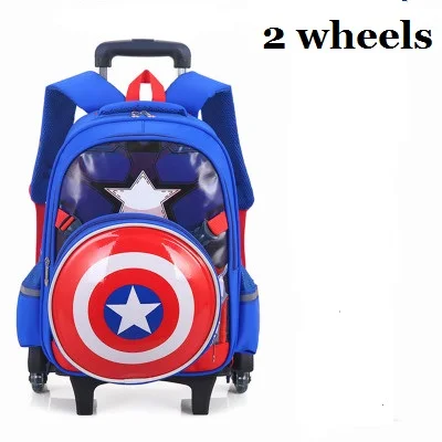 Горячая подъем лестницы Капитан Америка багаж 3D ребенок мультфильм школьные сумки, студенческие сумки на колёсиках чемодан детей путешествия рюкзак подарок - Цвет: 2 wheels