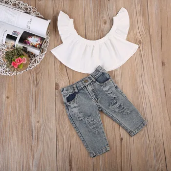 

Pudcoco Newborn Baby Girls Cute Off Shoulder Vest Tank Tops + Ripped Hole Denim Pants Outfit Clothes