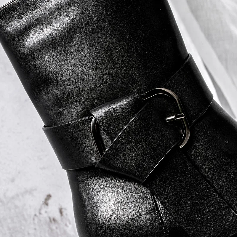 BELISS 2018 fashion winter boots women mid calf genuine leather round toe snow boots ladies high heels buckle  (1 (23)