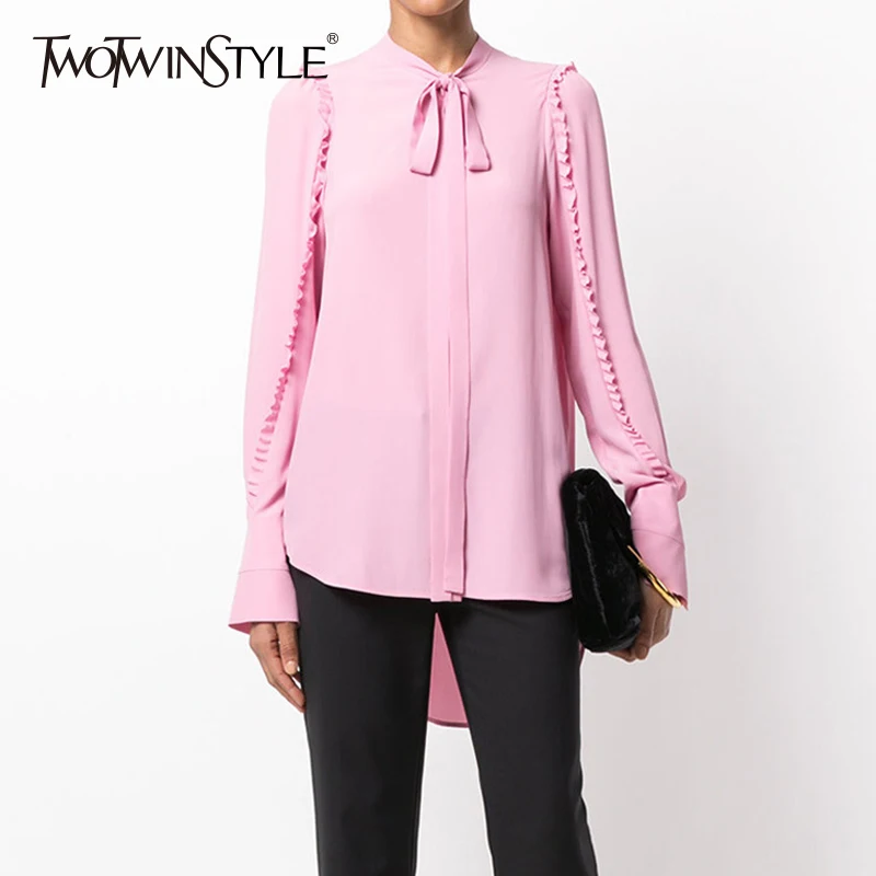  TWOTWINSTYLE Ruffles Shirt Female Chiffon Lace Up Bow Flare Sleeve Asymmetrical Long Blouse 2019 Sp