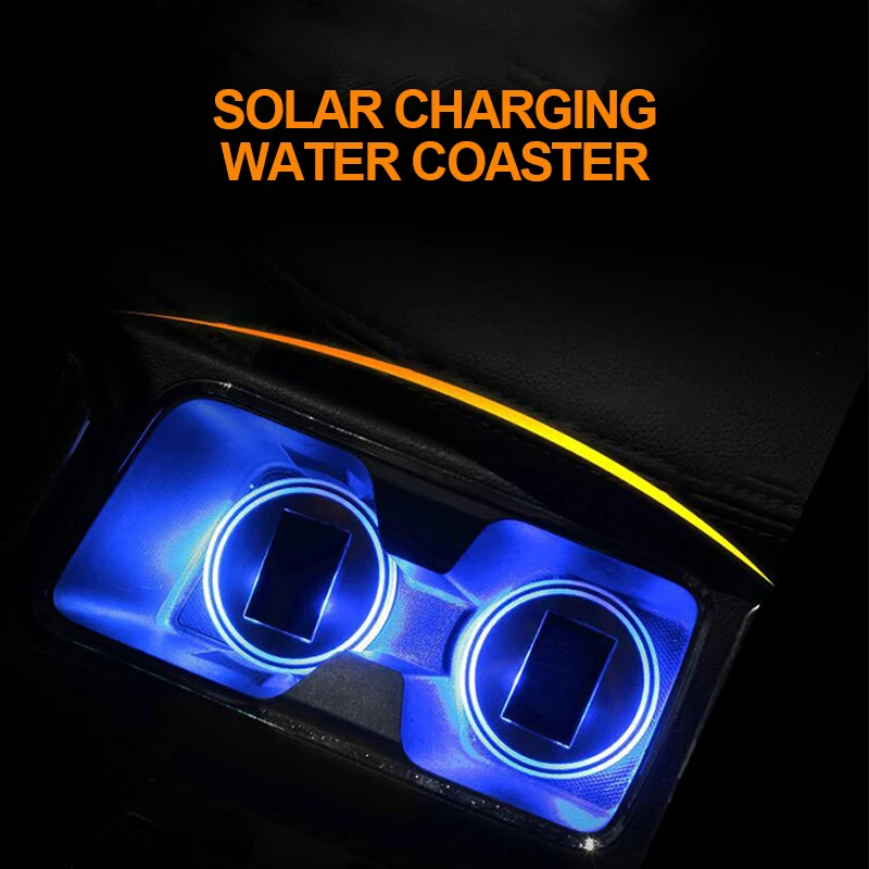 2Pcs Solar Power LED Light Car Water Cup Holder Bottom Mat Pad Cover Blue Light
