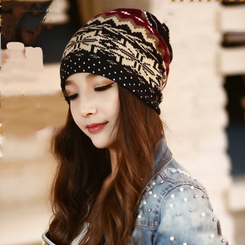 

2019 New Fashion Spring Autumn Snapback Multifunctional Skullies Women's Hat Scarf Print Snow Beanie Cap Women Beanies