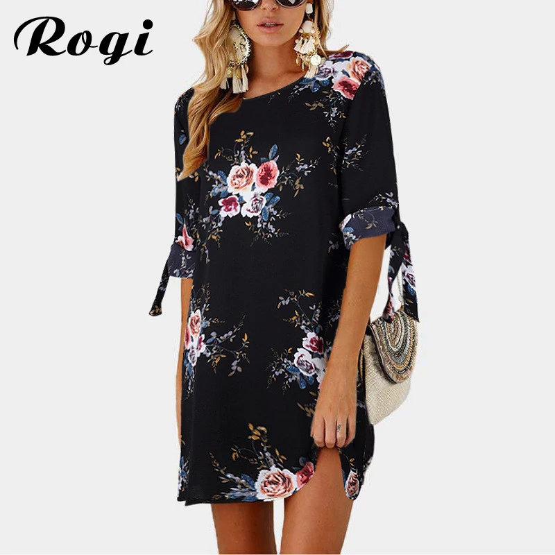 Rogi с цветочным принтом шифоновые платья 2019 Летние повседневные коротким рукавом