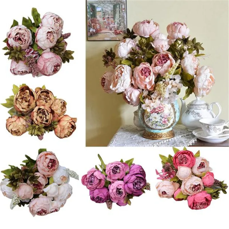 

1Bouquet 8 Heads Artificial Peony Silk Flower Leaf Home Wedding Party Decor Dark pink Red Bean Paste Light Pink Brown