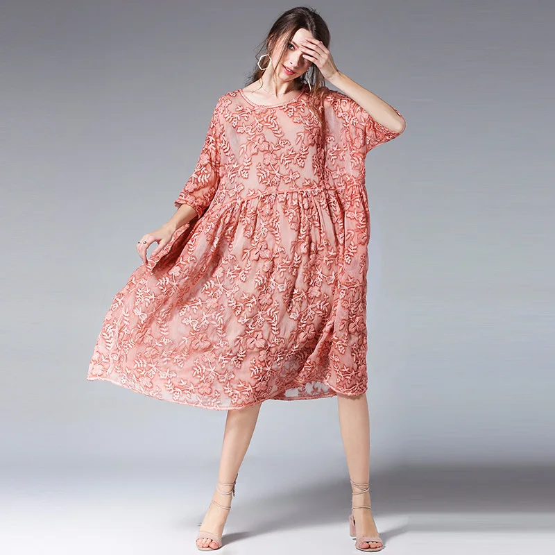 Plus Size 4XL Pregnancy Women Casual Loose Mid-calf Dress 2Sets Spring Autumn O Neck Half Sleeve Embroidery Pregnant Clothes high quality 2018 new women summer knee length fashion solid print full flare sleeve mid calf sashes o neck sexy pretty dress