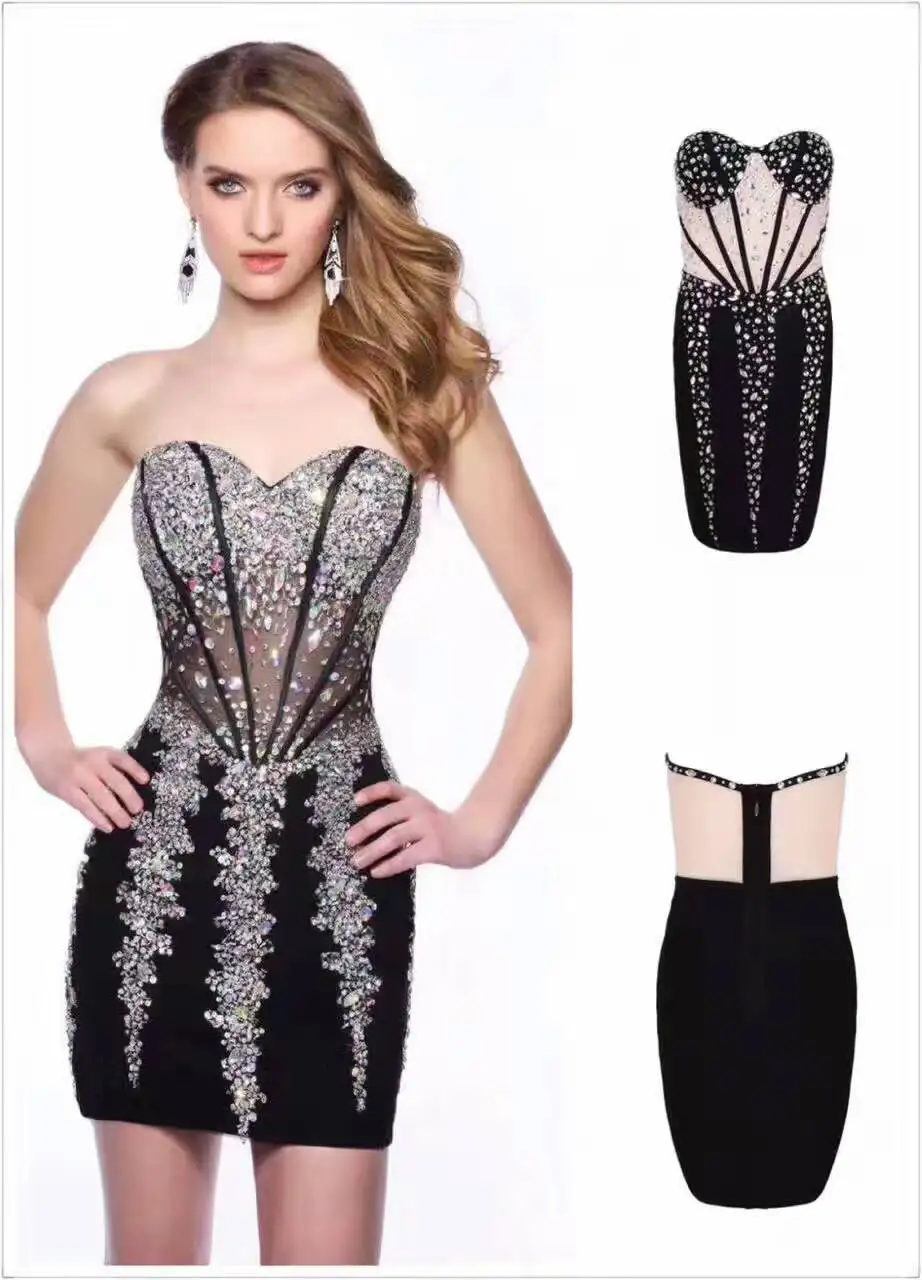 Luxury Sequins Crystal Strapless Bandage Dress Summer Sexy See Through