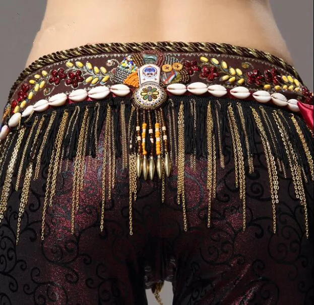 Для женщин Племенной танец живота бюстгальтер штаны с поясом комплект Керамика бисером оболочки производительность комплект из 3 предметов ATS костюм L черный, красный