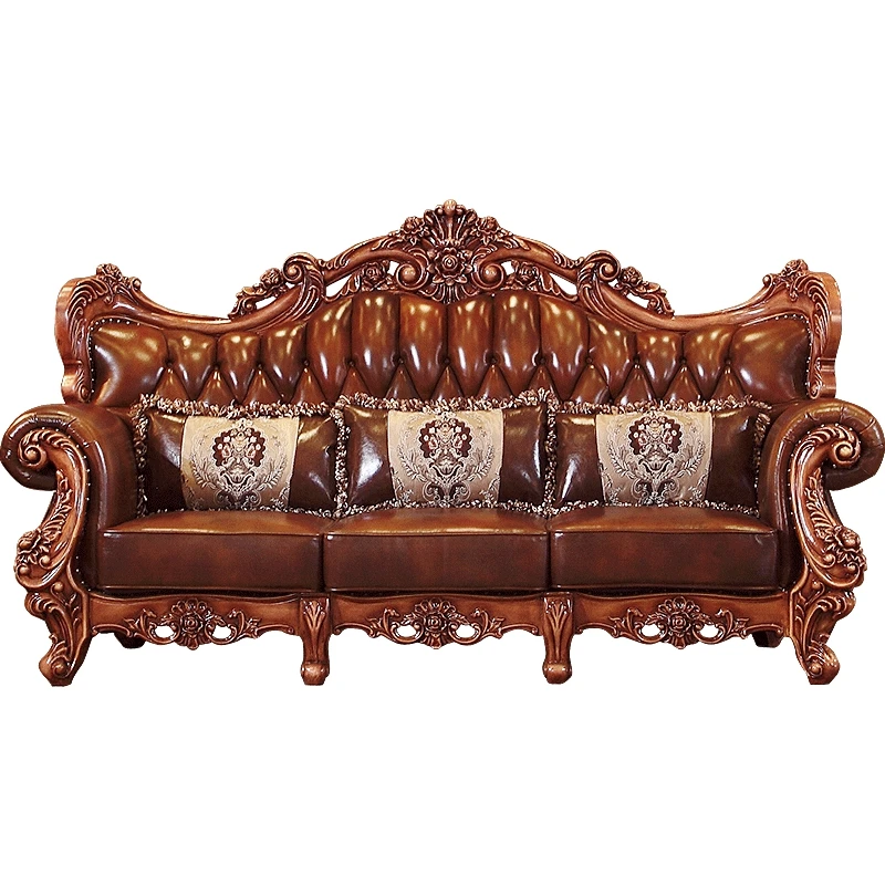 Hot classic European style solid wood leather sofa set living room furniture sillones puff asiento divano letto koltuk takimi