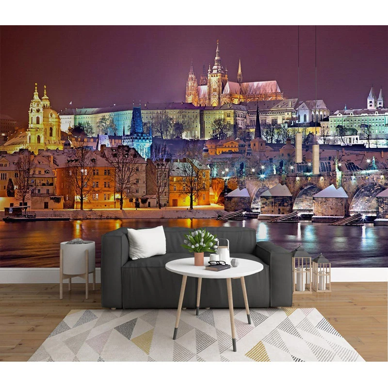 現代壁論文プラハ城夜景写真の壁紙壁画 3d 家の装飾リビングルームの自己接着ビニール シルク壁紙 Wallpapers Aliexpress