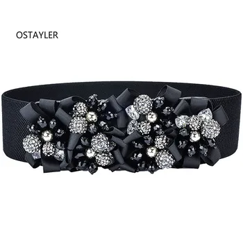 

Vintage Luxury Women Elastic Dress Belt Rhinestone Flower Wide Waistband Elegant Black Girls Fashion Dress Coat Waist Belts
