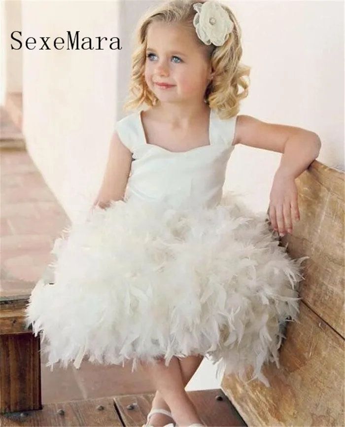

New Ivory White Baby Girls Birthday Dresses Princess Lace-up Tea Length Feather Flower Girls Dresses Pageant Party Gown