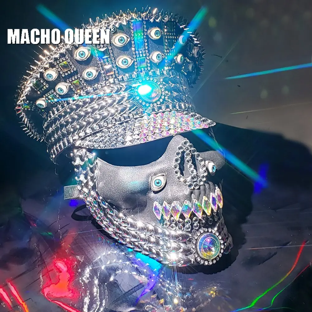 

Burning Man Festival Holographic Skull Mask Hat Military Captain Rave Bespoke Hat Costumes Gypsy Gogo Headpiece Headwear