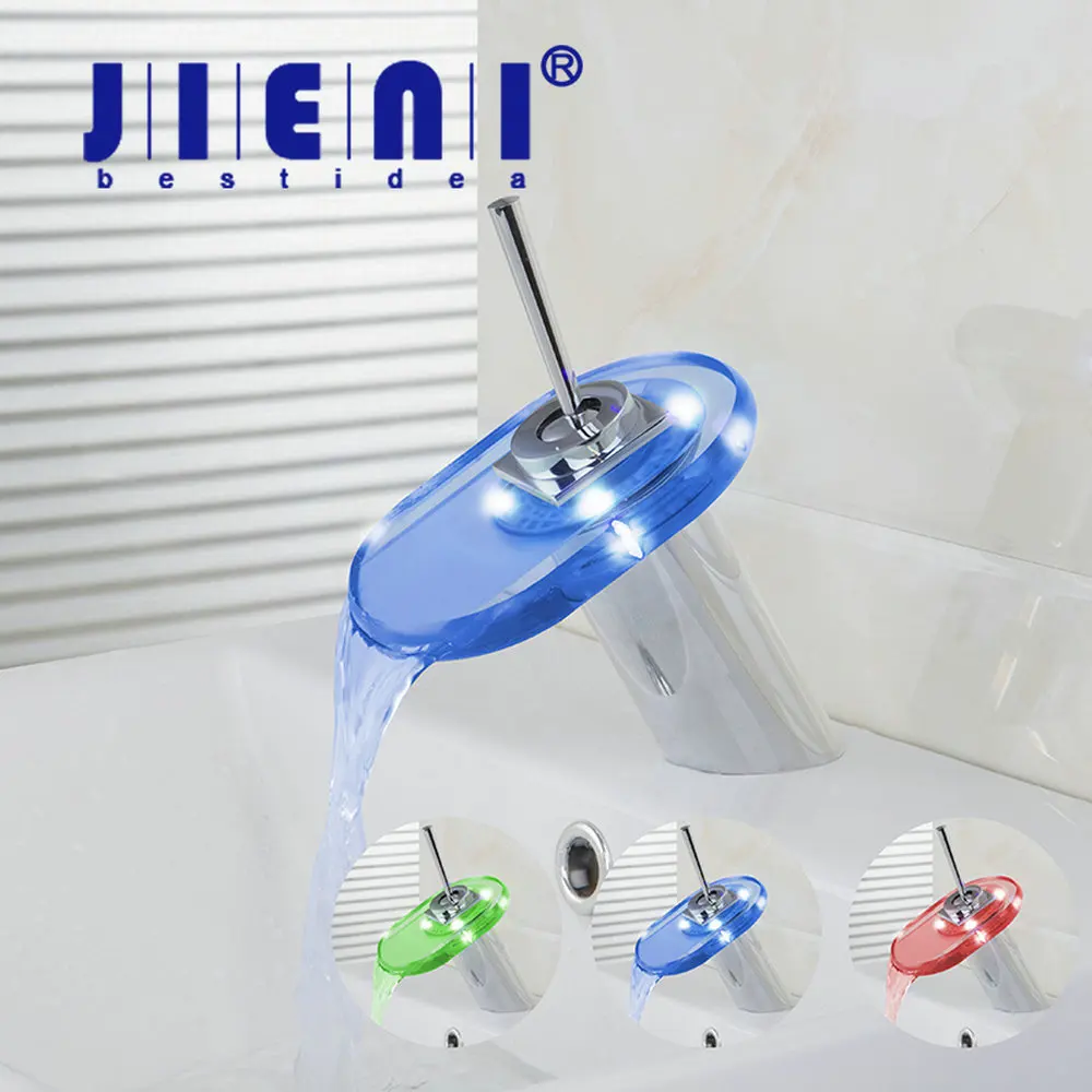 

JIENI Round LED Light Basin Sink Mixer Taps Waterfall Deck Mounted 8015 Chrome Bathroom Faucets,Mixer Basin Faucet