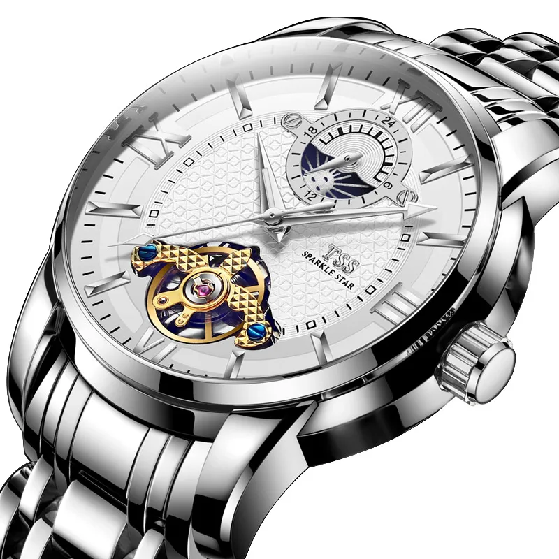 TSS T6019 الهيكل العظمي توربيون القمر المرحلة حقيقية الميكانيكية ووتش التلقائي جوفاء ساعة رجالي الاتجاه الترفيه للماء مضيئة TSS T6019 الهيكل العظمي توربيون القمر المرحلة حقيقية الميكانيكية ووتش التلقائي جوفاء ساعة رجالي الاتجاه الترفيه للماء مضيئة