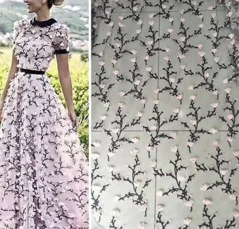 

2019 latest spring summer style fashion pink 3D flower mesh tulle embroidery lace fabric DIY dress maker fabric material