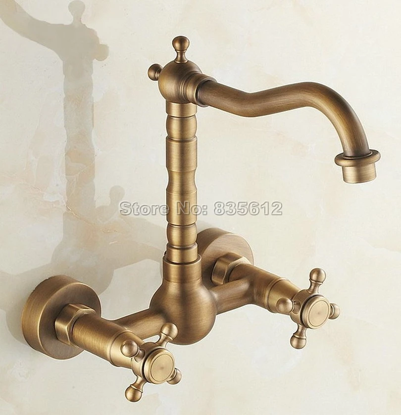 

Antique Brass Dual Cross Handles Bathroom Basin Mixer Tap / Two Hole Wall Mounted 360 Swivel Spout Vessel Sink Faucets Wnf052