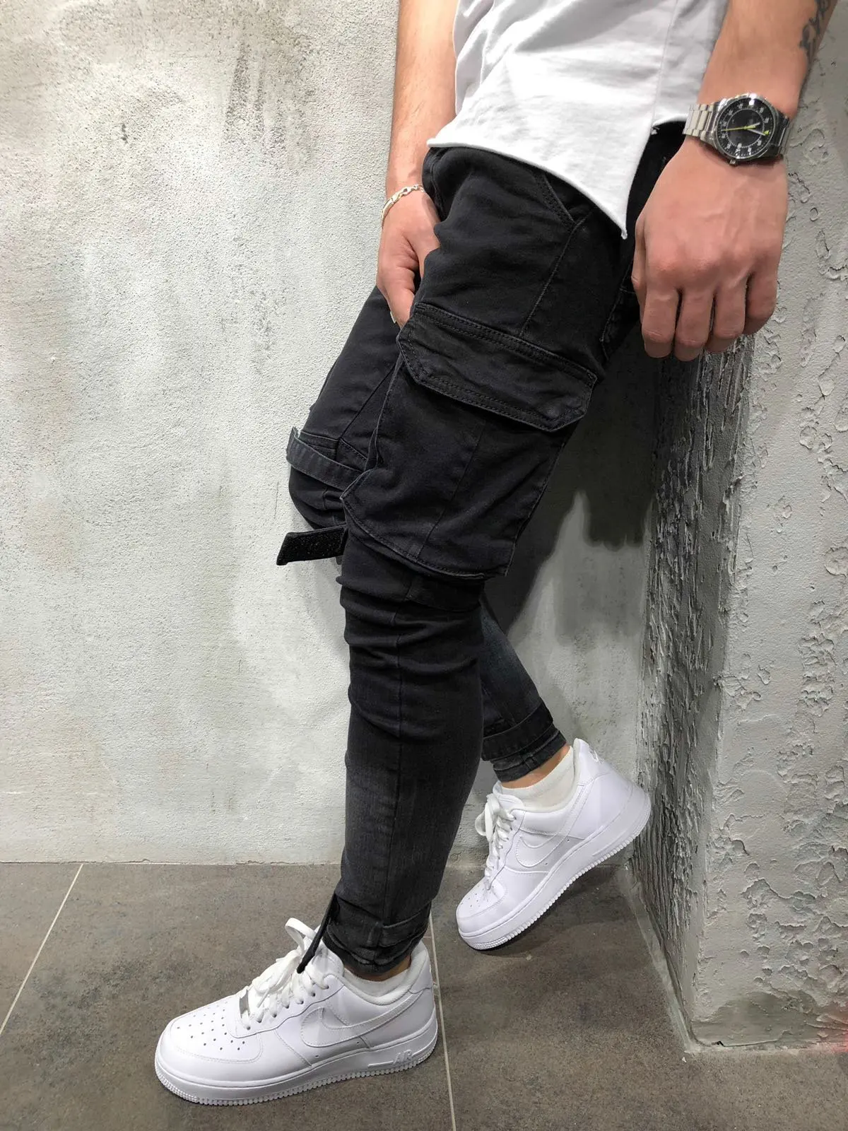 2018 New Arrived Men Cargo Pockets biker jeans denim slim supper skinny hip hop jeans men