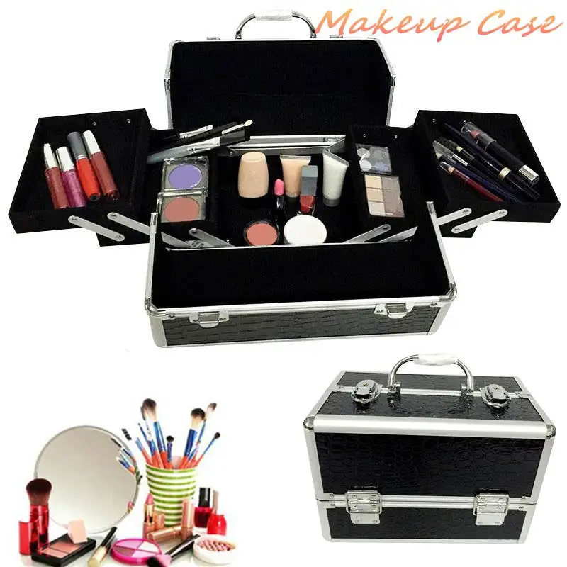 

2016 New Black Professional Handle Makeup Cosmetic Storage Train Case Box Aluminum Organizer Artist Hiker Draws