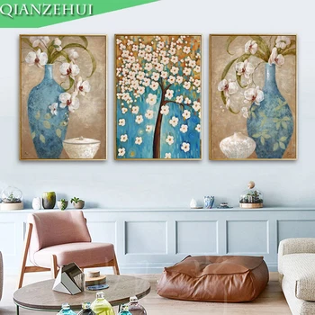 

QIANZEHUI,Needlework,DIY landscape Cross stitch ,Triptych painting vase tree full embroidery Cross-stitch ,Wall Home Decro