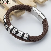 Новые модные брендовые коричневые кожаные браслеты для Для женщин Повседневное Винтаж подвеска-Шарм ручной работы охватывающая деталь из нержавеющей стали Браслеты браслеты