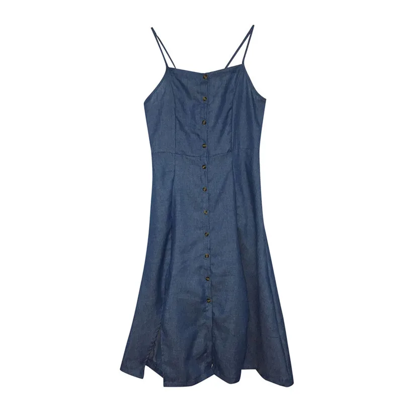 Women's Vintage Dress Summer Fashion Spaghetti Straps Sleeveless Strappy Robes Beach Cowboy Demin Swing Camis Dresses L15 (5)