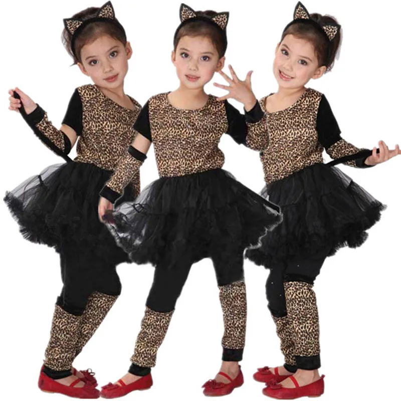 

Children Leopard Girl Costume with Headband Carnival Halloween Kids Girls Cosplay Clothes Animal Masquerade Fancy Dress