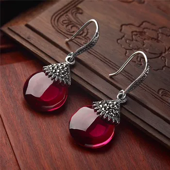 

authentic 925 Sterling silver vintage Dangle earrings red corundum spring new special lady Natural semi-precious stones Jewelry