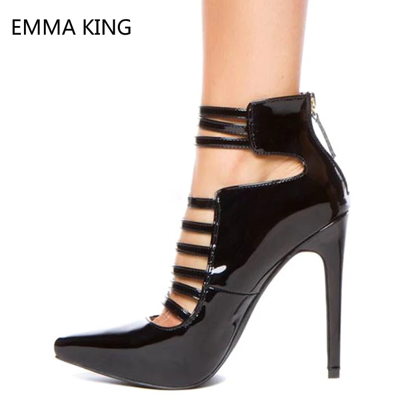 

Black Patent Leather High Heels Sexy Zipper Pointed Toe Buckles Detail Ankle Strap Pumps For Party Dress Spring 2019 Women Shoes
