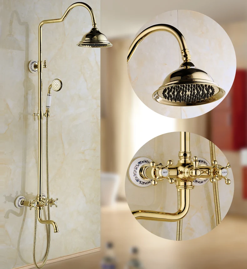 

Xogolo Wall Mounted Rainfall Shower Head System, Mixer Shower Set 8" Rain Showerhead, coming with Hand Spray, Luxuery Gold Color