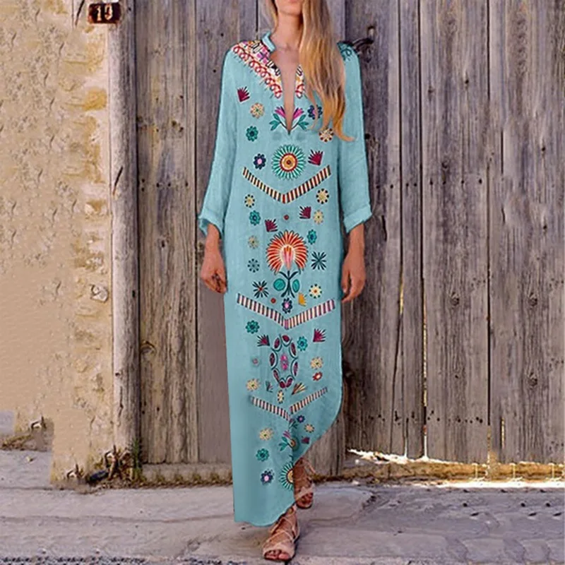

LASPERAL 2019 Fashion Women Floral Printed Dress Long Sleeve Solid Loose V Neck Boho Dress Maxi Ethnic Split Hem Casual Vestidos